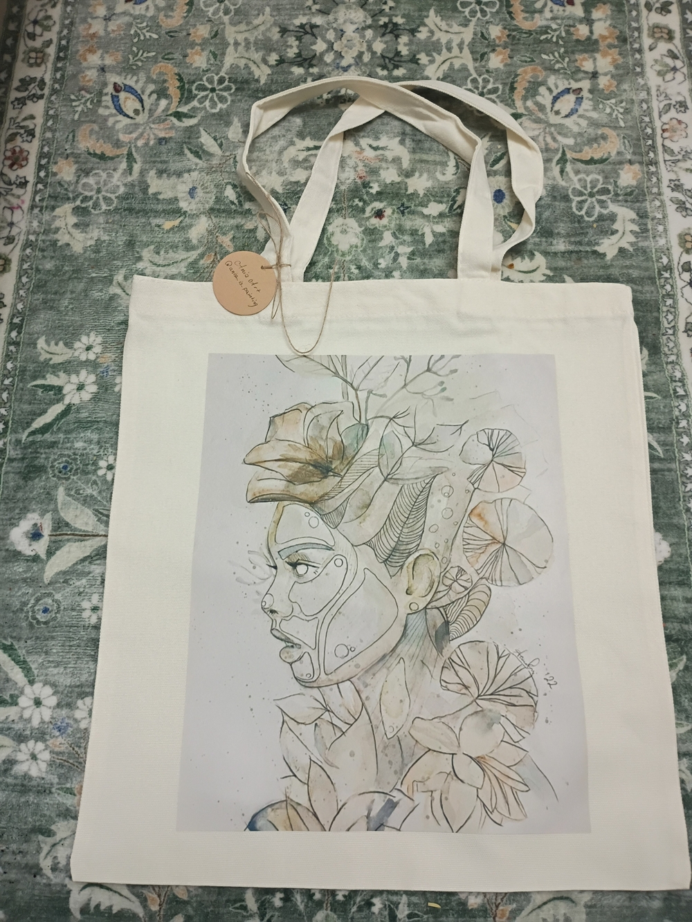 Canvas Art Tote Bag in Cream with Botanical Portrait Print